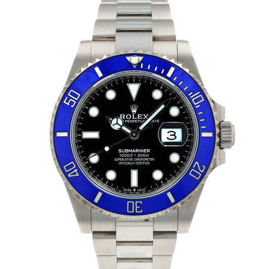 Estate Rolex 18k White Gold Submariner "Cookie Monster" 41mm OP Date Black Dial Ceramic Blue Bezel 126619LB With Box & Card C.2021