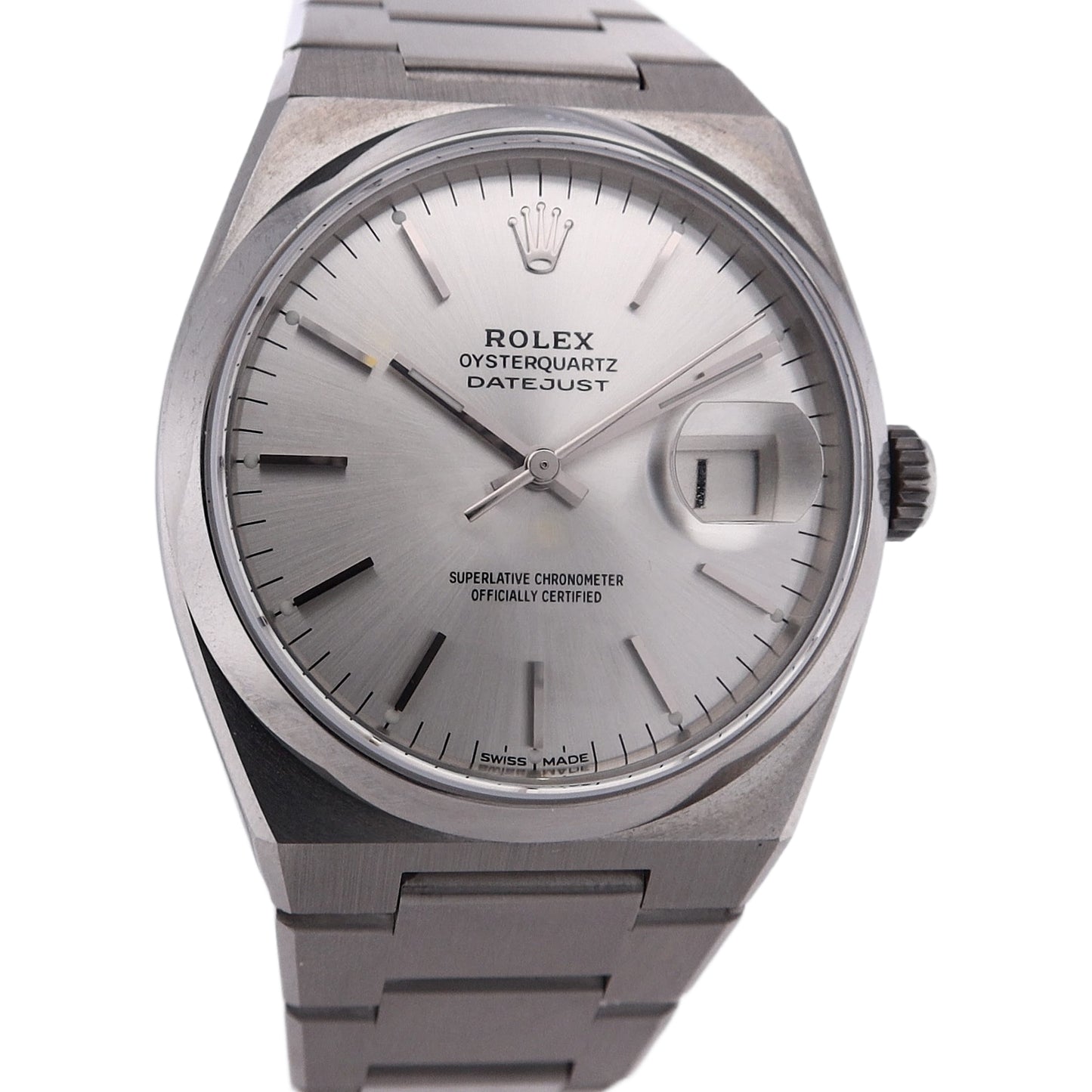 Estate Rolex Stainless Steel Oyster Perpetual Date Just Silver Index Dial Smooth Bezel Oyster Bracelet C.1978