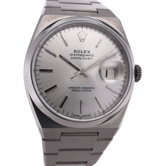 Estate Rolex Stainless Steel Oyster Perpetual Date Just Silver Index Dial Smooth Bezel Oyster Bracelet C.1978