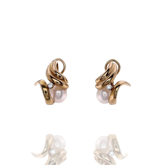 Estate 18k Yellow Gold Cultured Pearl Diamond Pierced/Clip-On Earrings