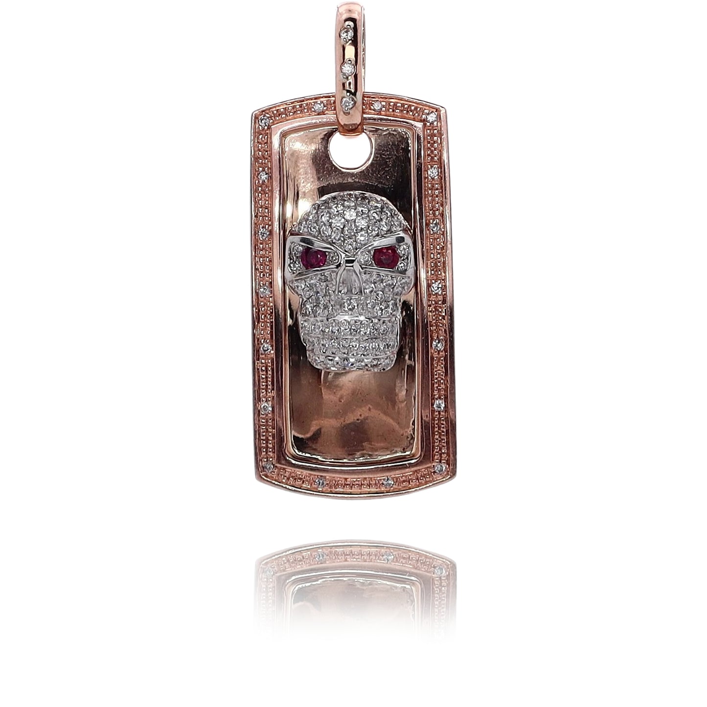 Estate 14kwr Pendant Dog Tag Skull 58x24mm 2 Round Garnets 2.8mm Eyes 97 RBC D1.01tw II1 No Chain