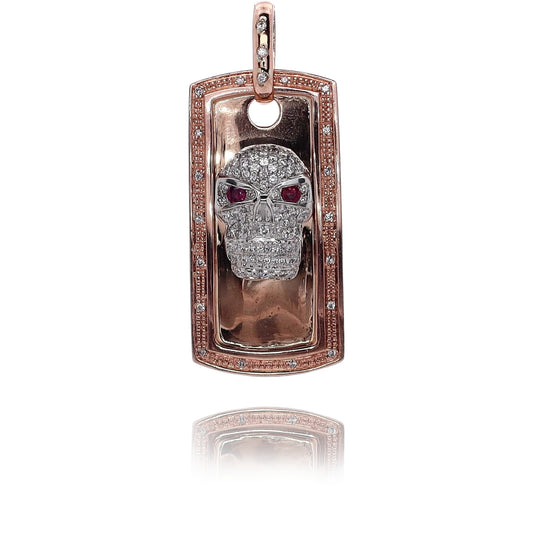 Estate 14kwr Pendant Dog Tag Skull 58x24mm 2 Round Garnets 2.8mm Eyes 97 RBC D1.01tw II1 No Chain