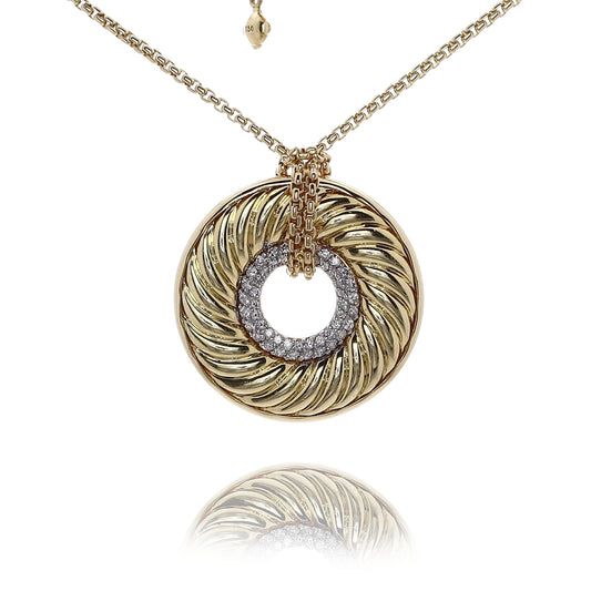 Estate David Yurman 18 Karat Yellow Gold Circle Cable Disc Diamond Pendant Necklace