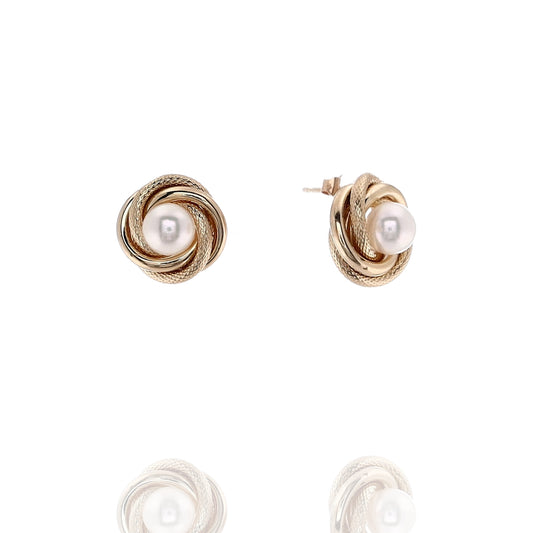 Estate 14k Yellow Gold Cultured Pearl Love Knot Stud Earrings