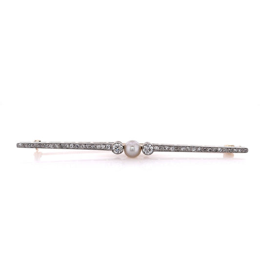 Estate 14 Karat White and Yellow Gold Pearl and Diamond Bar Pin