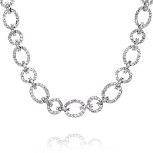 Estate 18 Karat White Gold Alternating Round and Oval Link Diamond Necklace