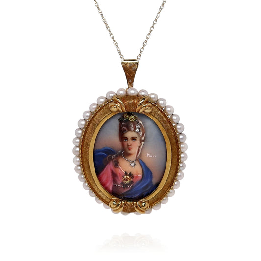 Estate 18k Yellow Gold Vintage Oval Miniature Painting Pearl Pin & Pendant *No Chain*
