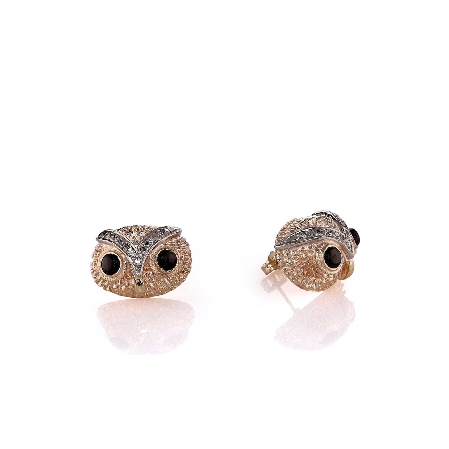 Estate 14k Two-Tone Owl Head Design Black Star Sapphire and Diamond Stud Earrings
