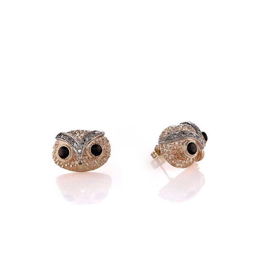 Estate 14k Two-Tone Owl Head Design Black Star Sapphire and Diamond Stud Earrings