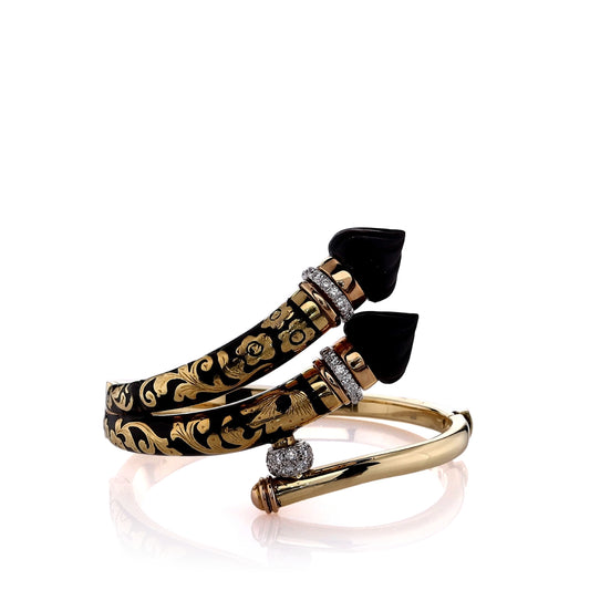 Estate 18k Yellow Gold Carved Black Ornamental Design Diamond Rondelle Bangle Bracelet
