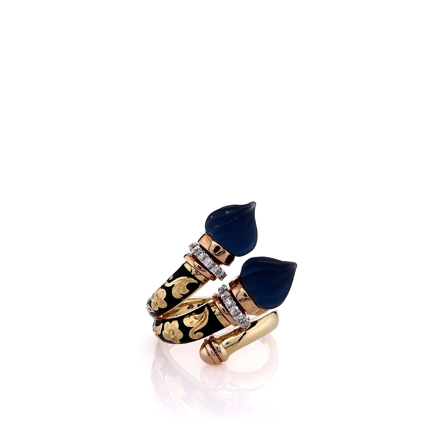 Estate 18k Yellow Gold Black Ornamental Design Split Shank Diamond Rondelle Ring