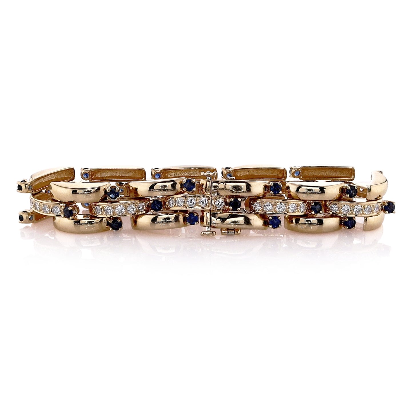 Estate 14k Yellow Gold Polished Bar Link Sapphire and Diamond Bracelet