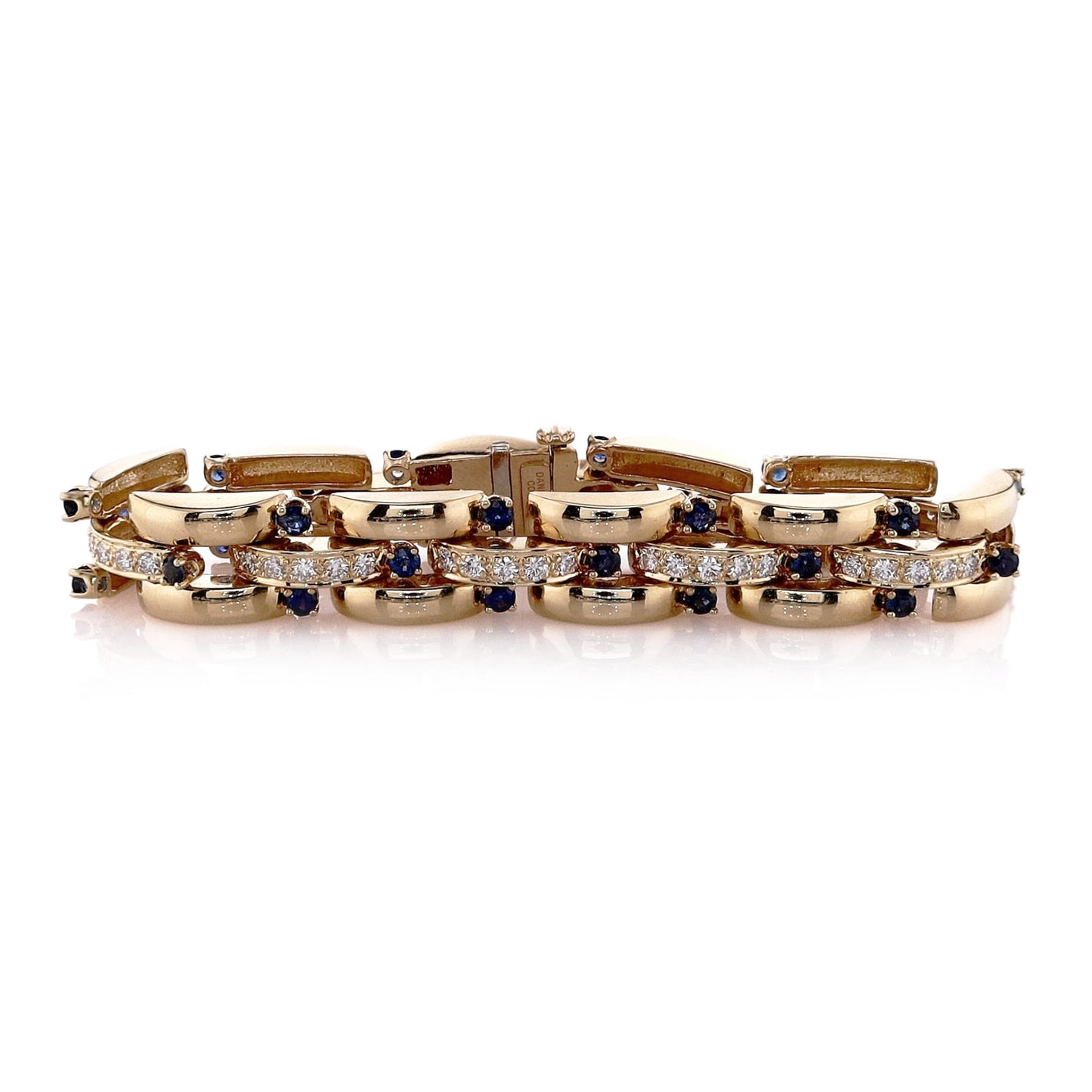 Estate 14k Yellow Gold Polished Bar Link Sapphire and Diamond Bracelet