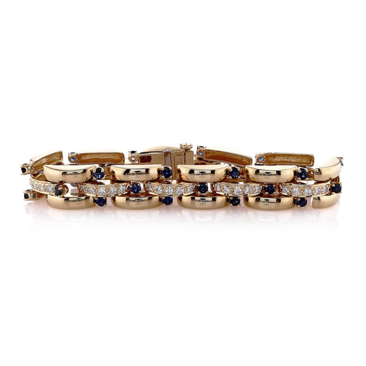 Estate 14k Yellow Gold Polished Bar Link Sapphire and Diamond Bracelet