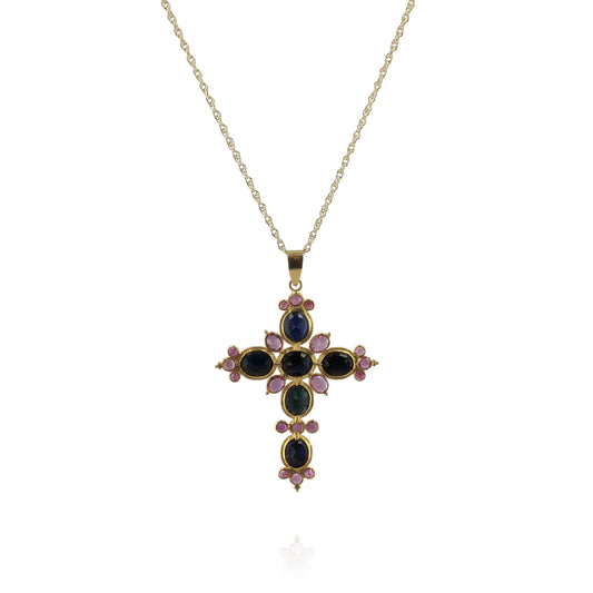 Estate 18k Yellow Gold Rope Border Pink and Blue Sapphire Cross Pendant *No Chain*