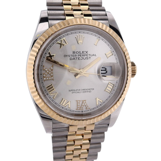Estate Rolex Stainless Steel and 18 Karat Yellow Gold OPDJ Silver Roman VI/IX 24 Diamond Dial With Box And Card C.2018