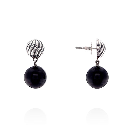 Estate David Yurman Sterling Silver Round Sculpted Top Onyx Drop Earrings