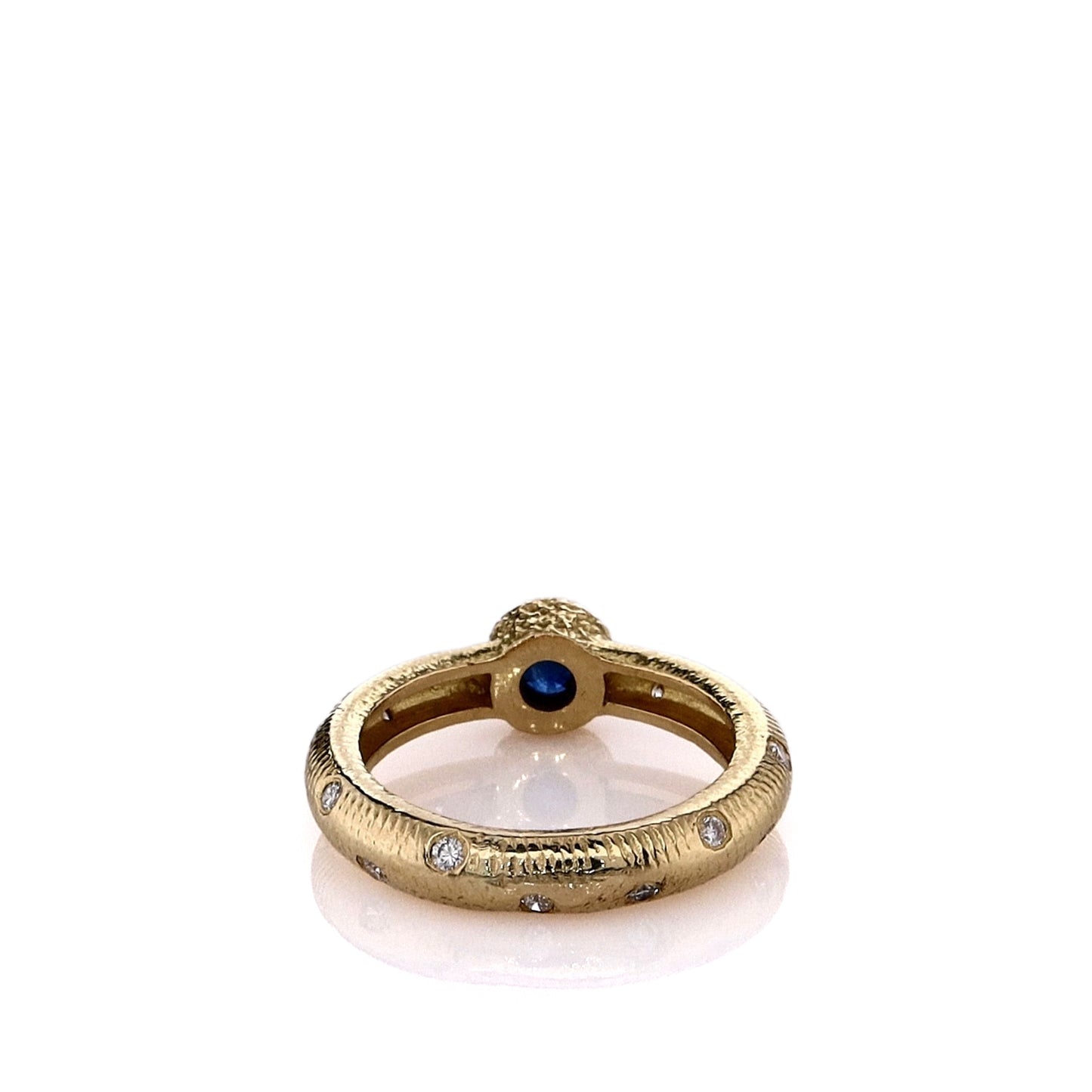 Estate 18k Yellow Gold Textured Shank Sapphire and Scattered Diamond Ring