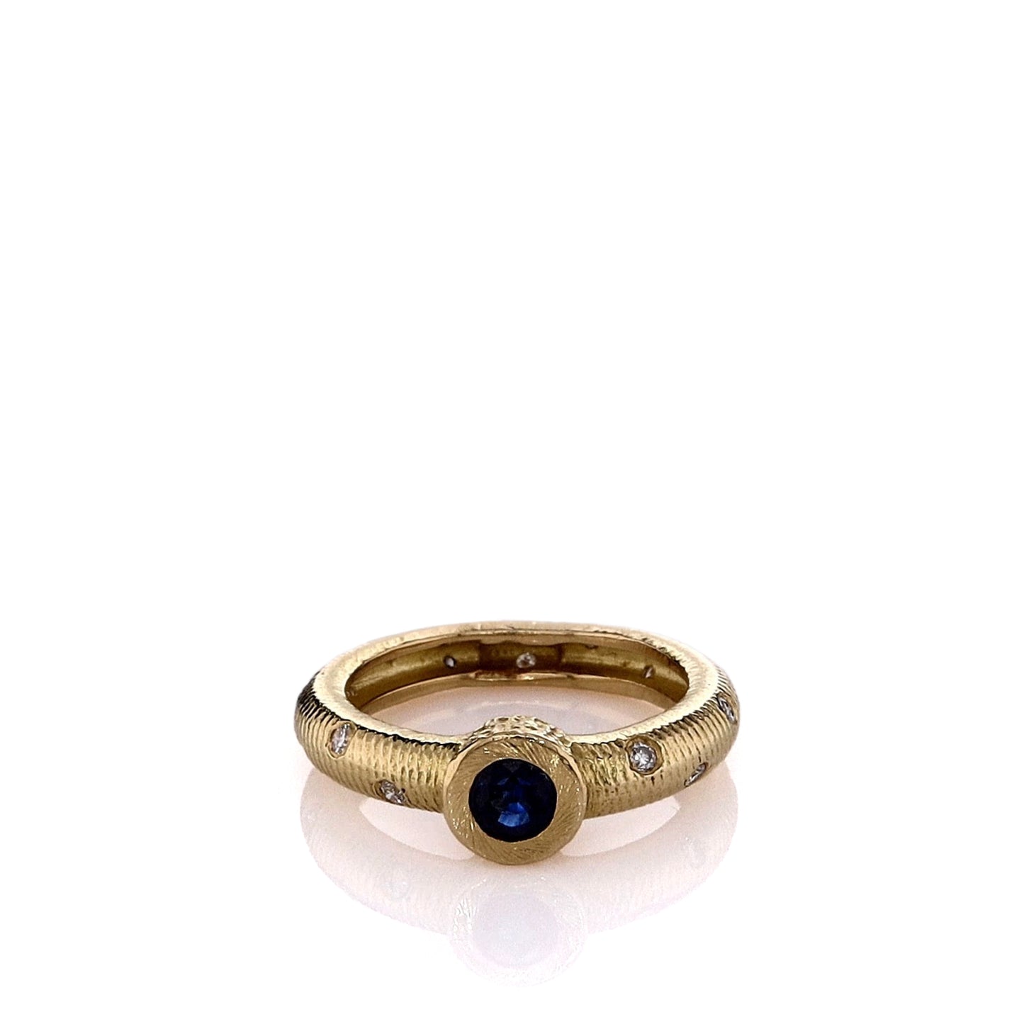 Estate 18k Yellow Gold Textured Shank Sapphire and Scattered Diamond Ring