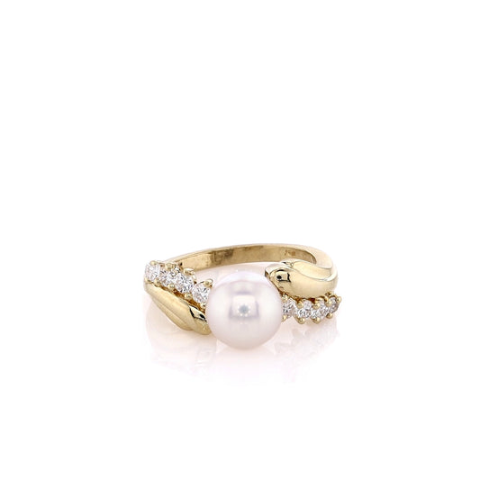 Estate 18k Yellow Gold Cultured Pearl Diamond Ring