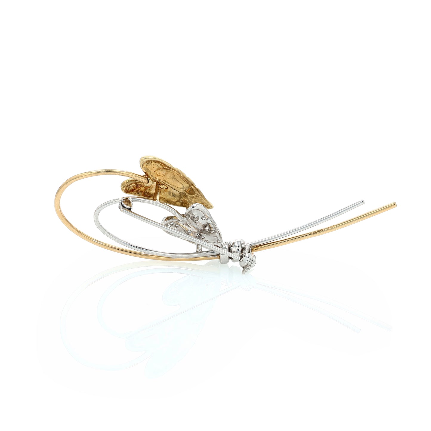 Estate 18k Two-Tone Brushed Leaf Design Diamond Pin