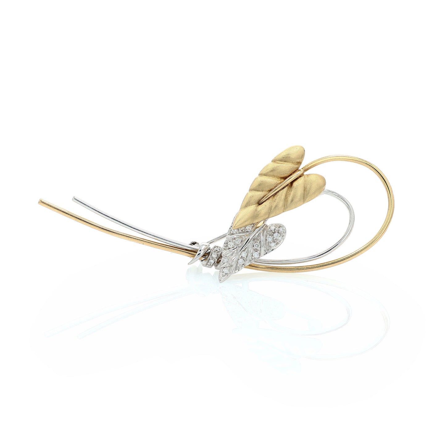 Estate 18k Two-Tone Brushed Leaf Design Diamond Pin