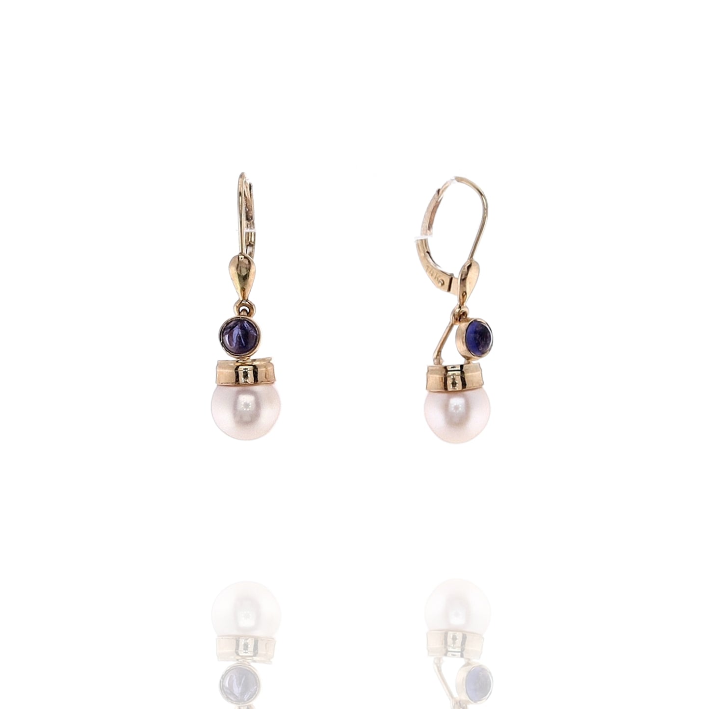 Estate 14k Yellow Gold Cultured Pearl Cabochon Iolite Leverback Earrings