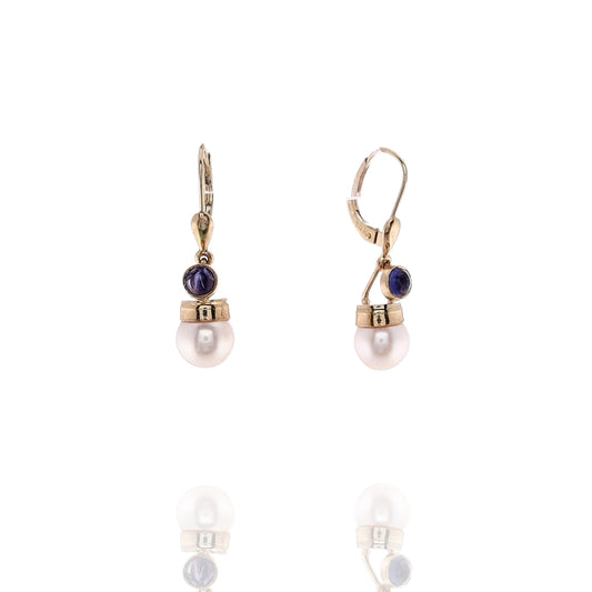 Estate 14k Yellow Gold Cultured Pearl Cabochon Iolite Leverback Earrings