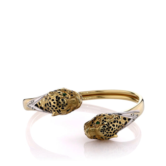 Estate 18k Yellow Gold Leopard Head Emerald and Diamond Bypass Bangle Bracelet