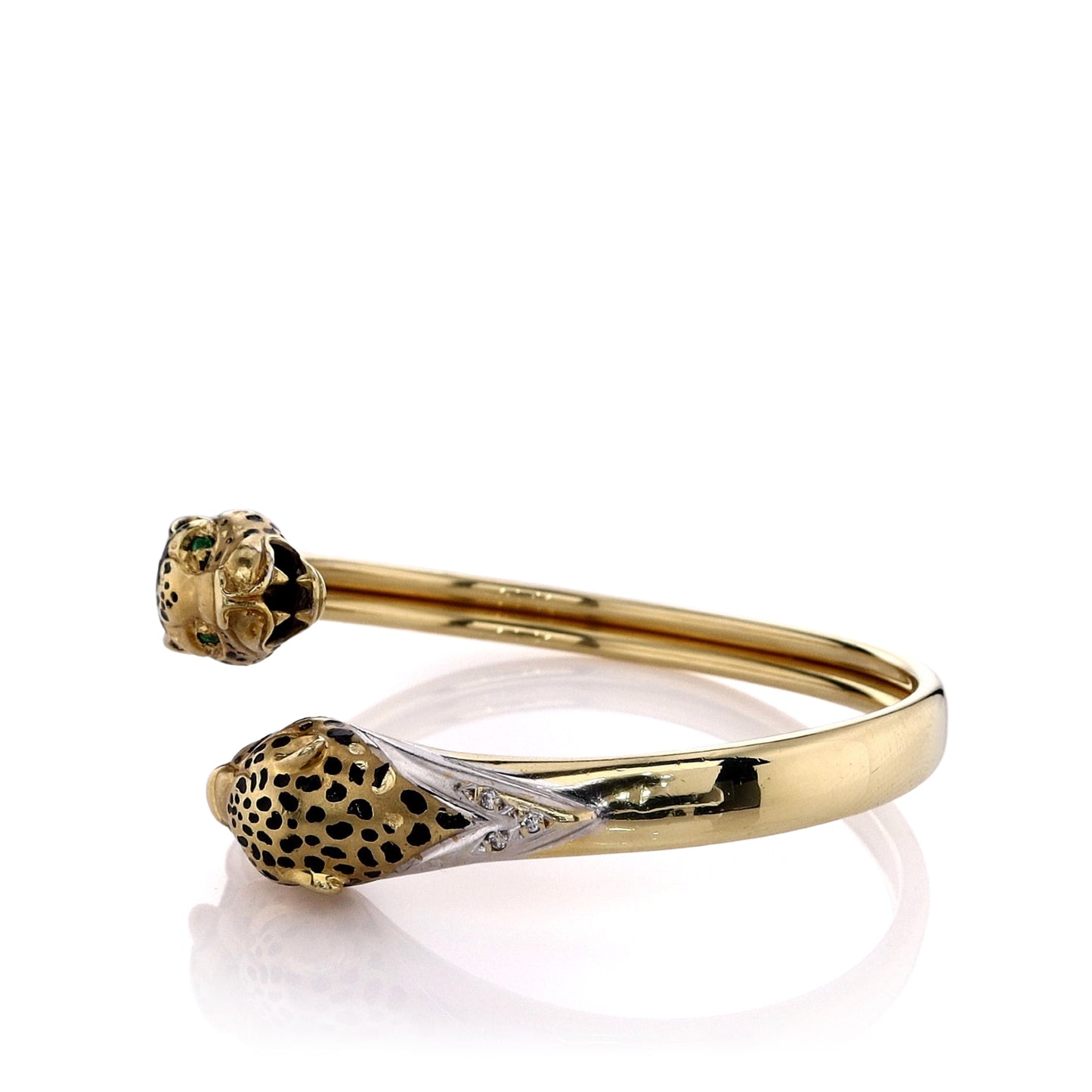Estate 18k Yellow Gold Leopard Head Emerald and Diamond Bypass Bangle Bracelet