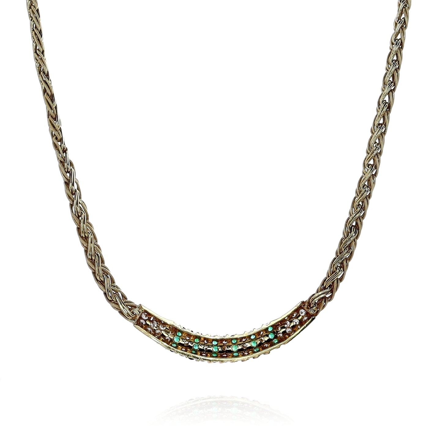 Estate 18k Yellow Gold Woven Chain Alternating Emerald and Diamond Necklace