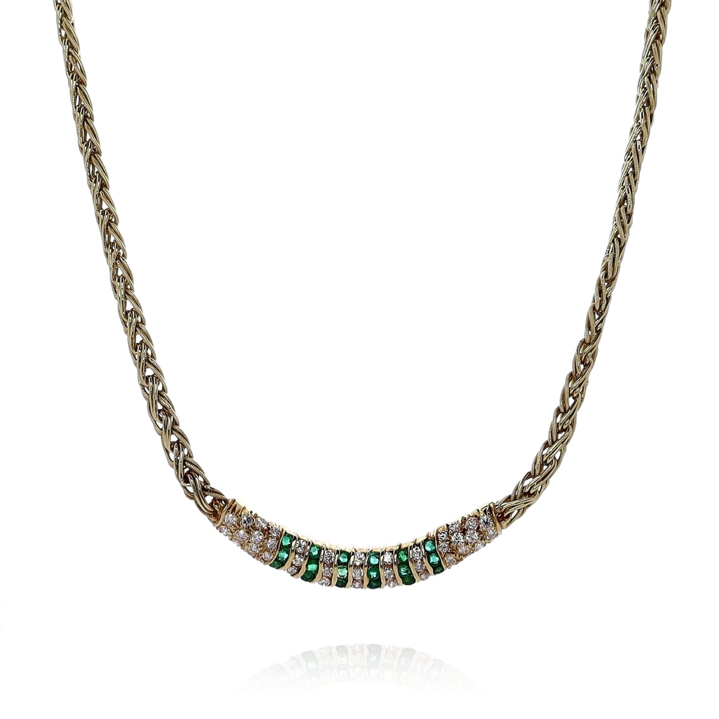 Estate 18k Yellow Gold Woven Chain Alternating Emerald and Diamond Necklace