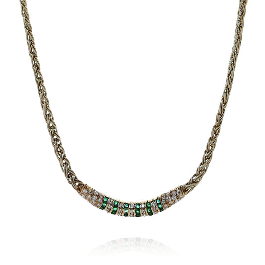 Estate 18k Yellow Gold Woven Chain Alternating Emerald and Diamond Necklace
