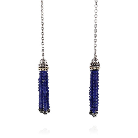 Estate Lagos Two-Tone Caviar Icon 42" Double Lapis Tassel Lariat Station Pendant Necklace