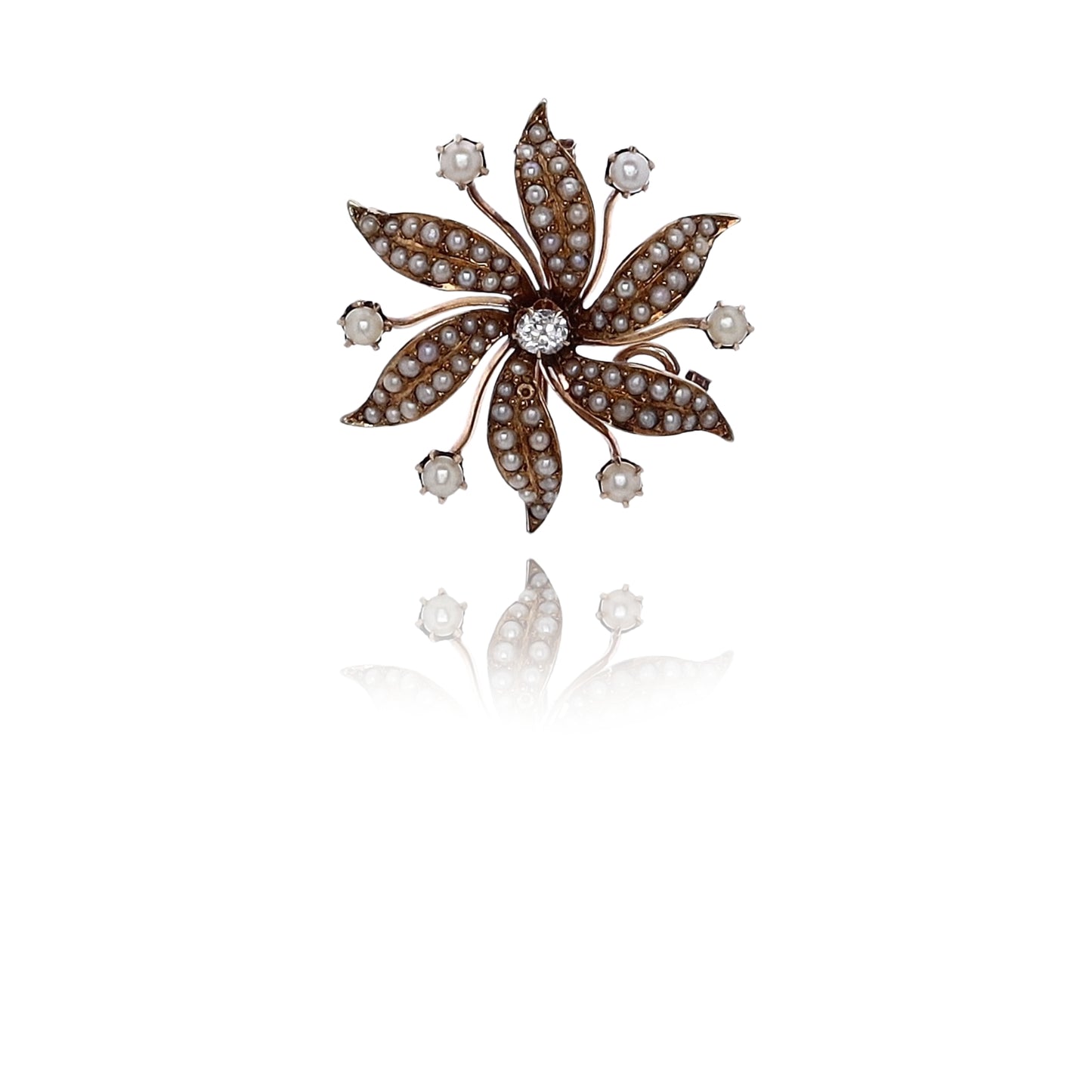 Estate 14 Karat Yellow Gold Flower Design Pearl and Diamond Pin