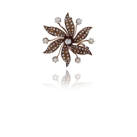 Estate 14 Karat Yellow Gold Flower Design Pearl and Diamond Pin