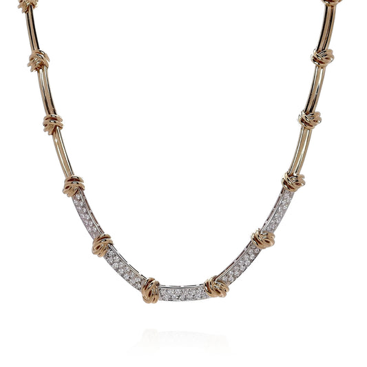 Estate 14k Two-Tone Alternating Knot and Polished Bar Link Diamond Necklace