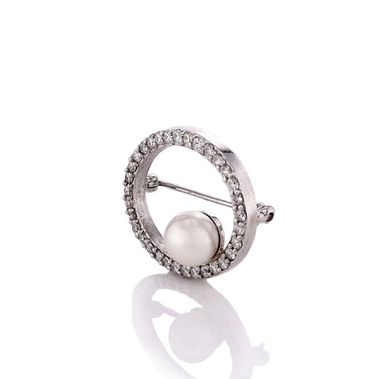 Estate 14k White Gold Oval Design Pearl and Diamond Pin