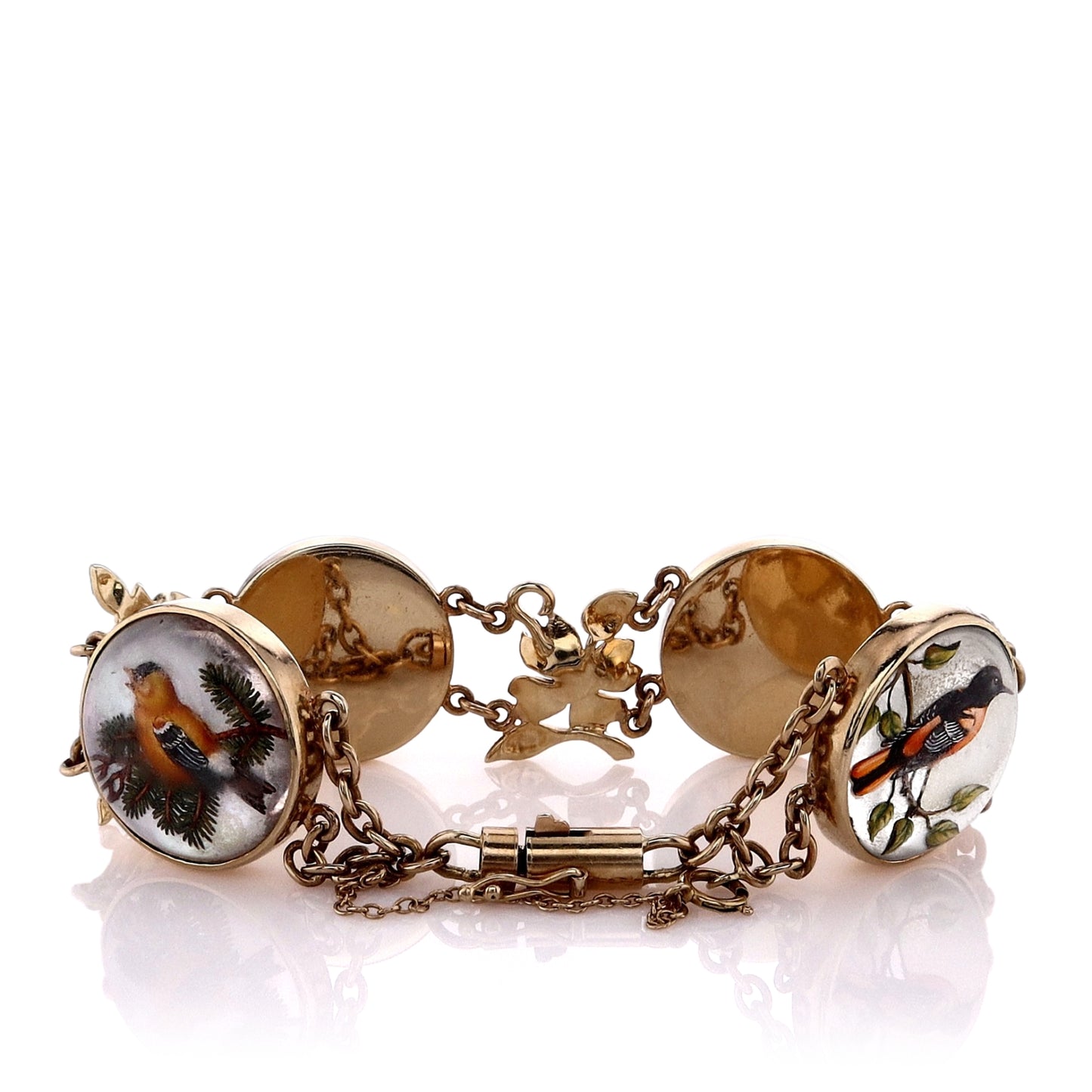 Estate 14k Yellow Gold Reverse Intaglio Birds and Alternating Tree, Flower and Birdhouse Charm Station Bracelet