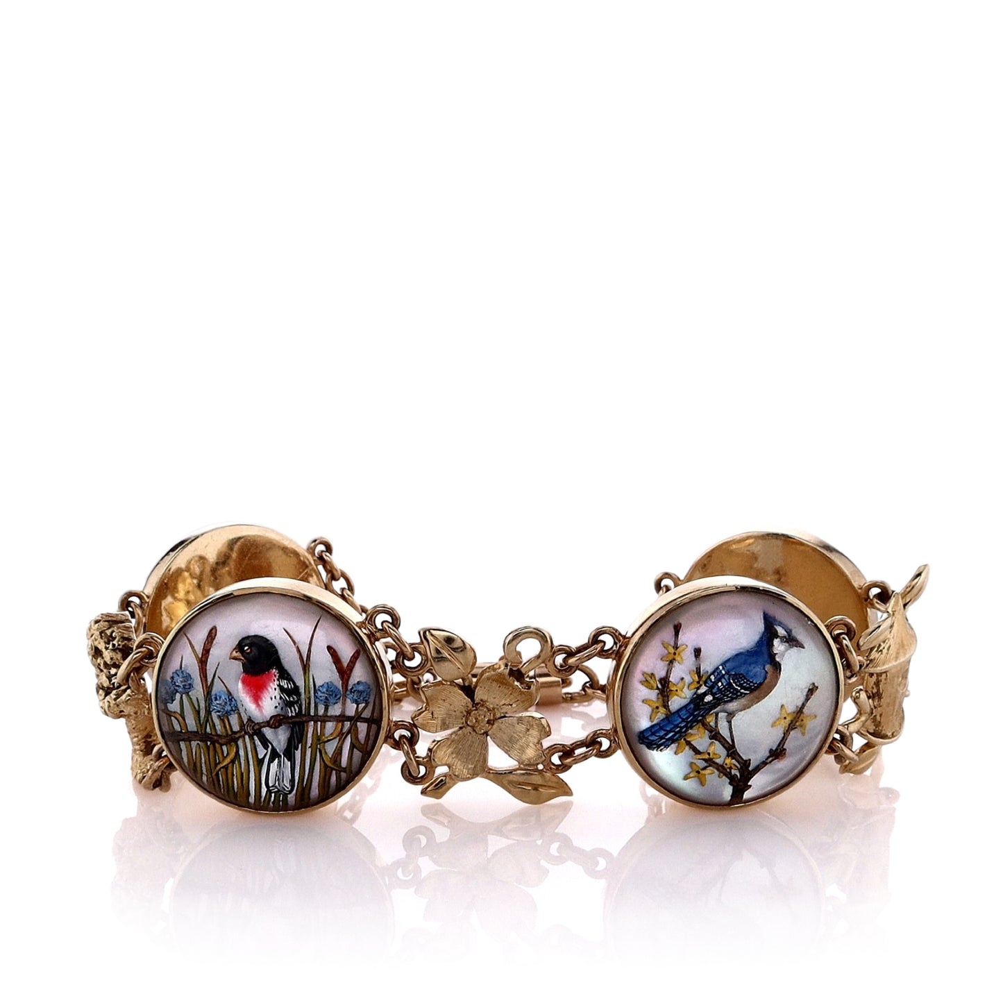 Estate 14k Yellow Gold Reverse Intaglio Birds and Alternating Tree, Flower and Birdhouse Charm Station Bracelet