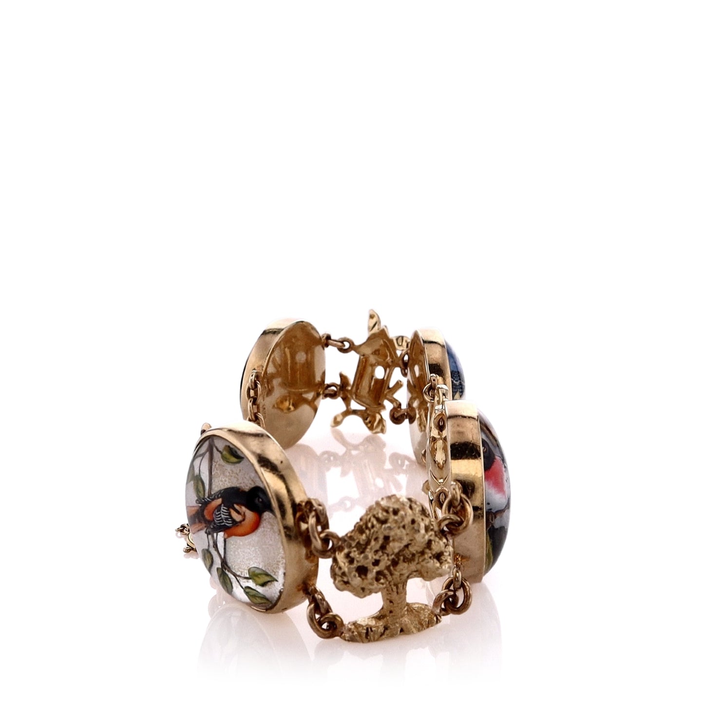 Estate 14k Yellow Gold Reverse Intaglio Birds and Alternating Tree, Flower and Birdhouse Charm Station Bracelet