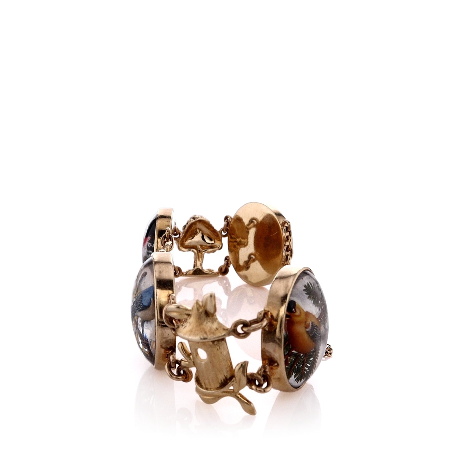 Estate 14k Yellow Gold Reverse Intaglio Birds and Alternating Tree, Flower and Birdhouse Charm Station Bracelet