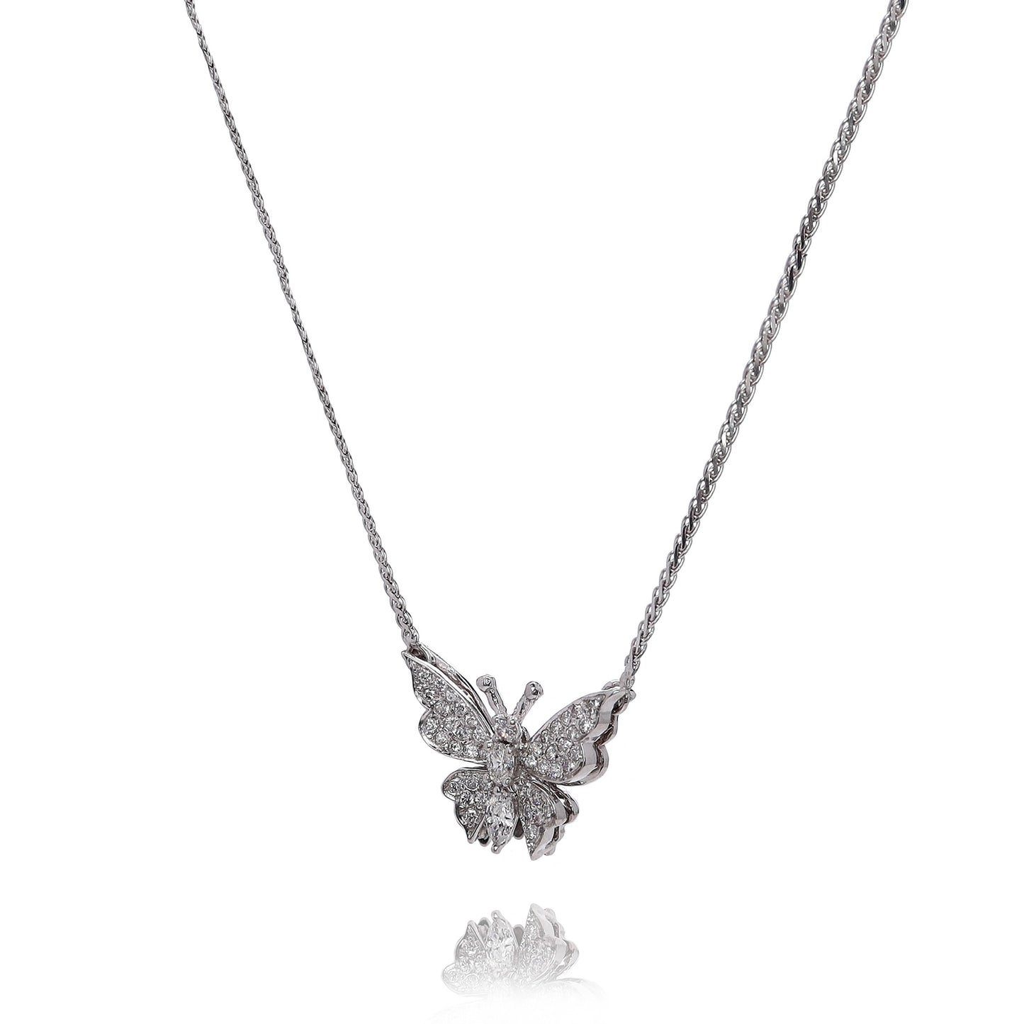 Estate 14k White Gold 16.5" Butterfly Design Pave Diamond Pendant Necklace