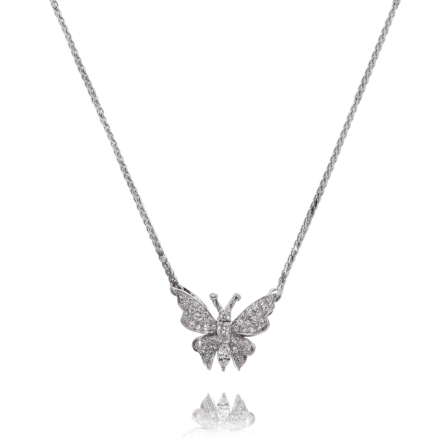 Estate 14k White Gold 16.5" Butterfly Design Pave Diamond Pendant Necklace