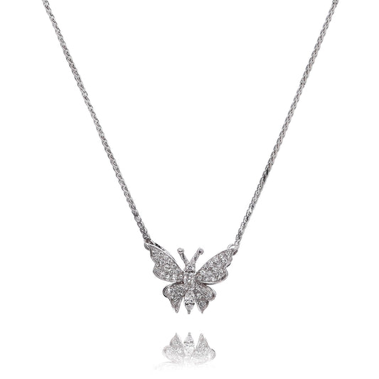 Estate 14k White Gold 16.5" Butterfly Design Pave Diamond Pendant Necklace