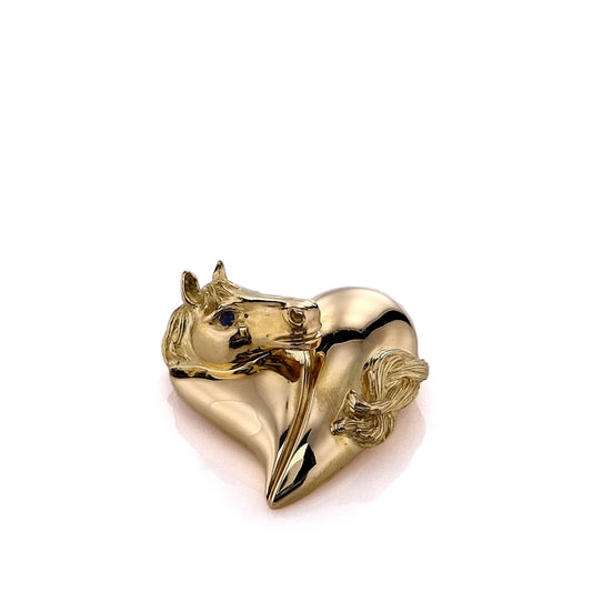 Estate 18k Yellow Gold Heart Horse Pin With Sapphire Eyes