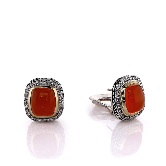 Estate David Yurman Two-Tone Cabochon Carnelian and Diamond Halo Stud Earrings