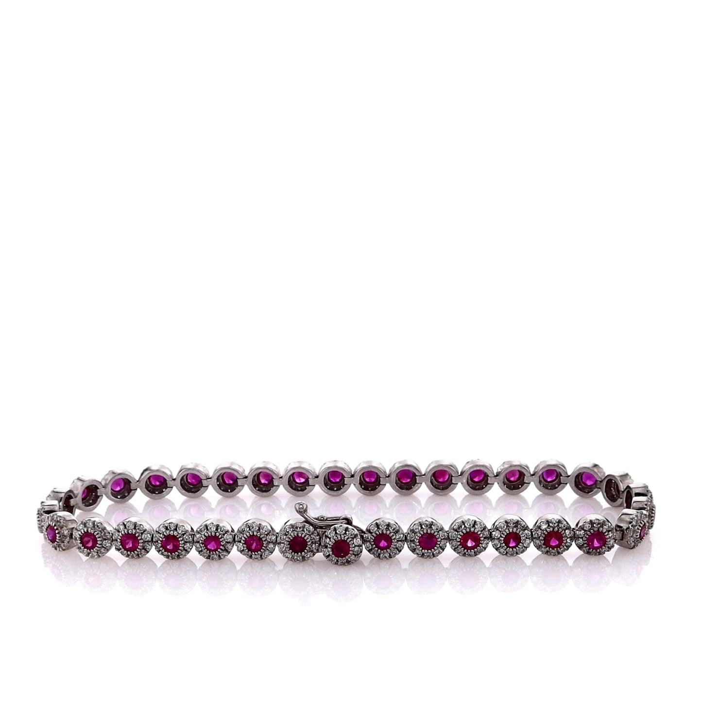 Estate 14k White Gold 7.25" Ruby and Diamond Halo Bracelet