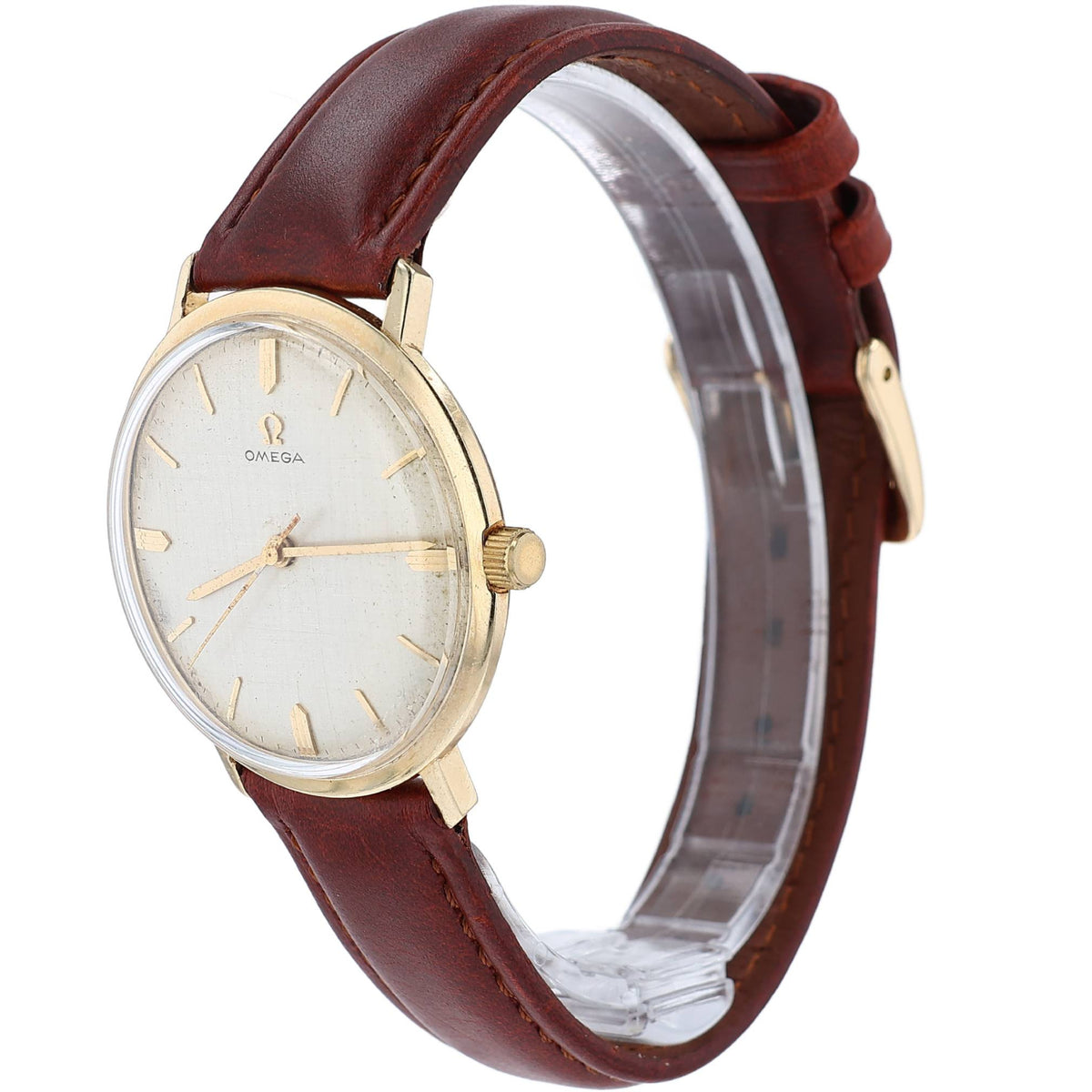 Estate Omega 14k Yellow Gold Vintage Gents Cream Dial Brown Leather Strap