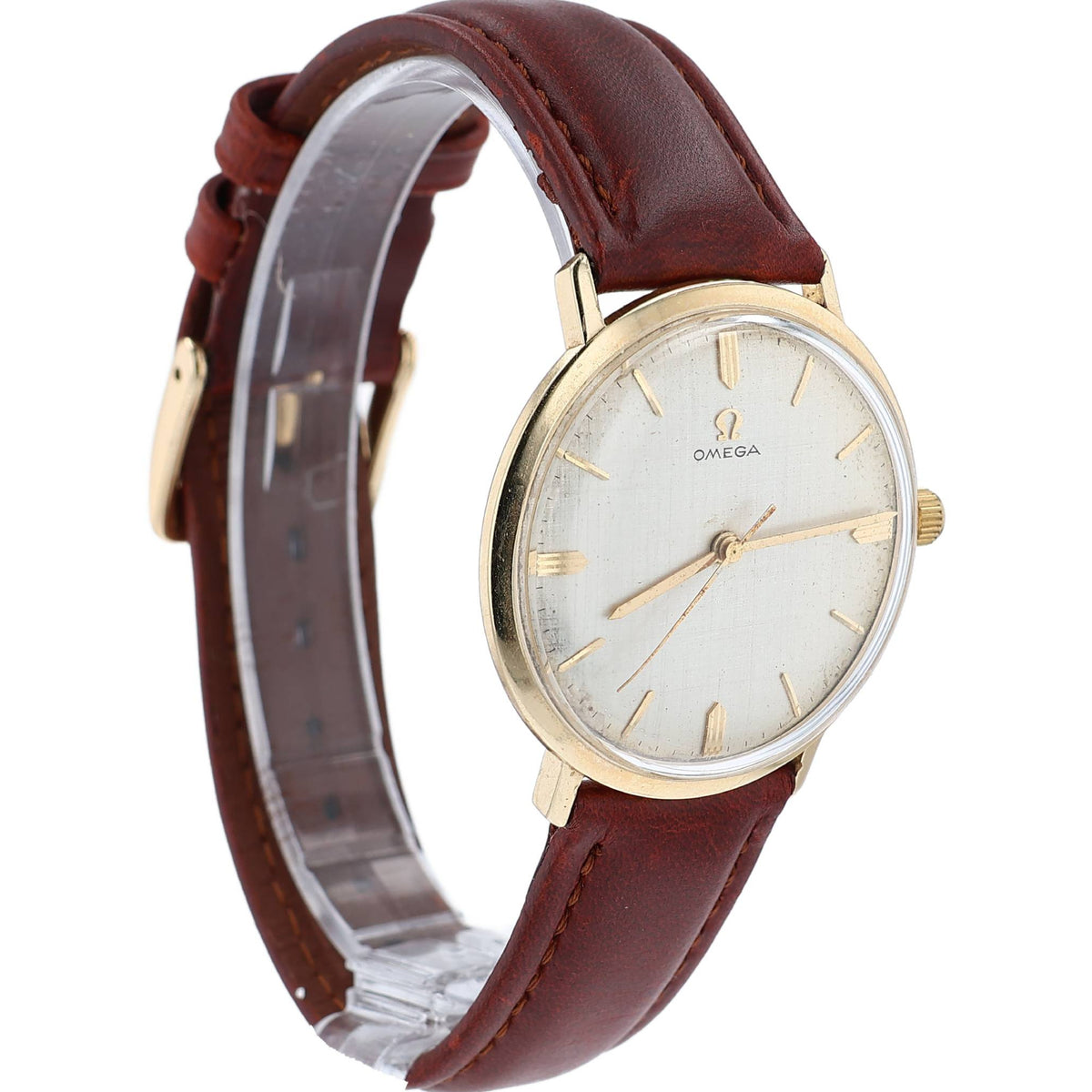Estate Omega 14k Yellow Gold Vintage Gents Cream Dial Brown Leather Strap
